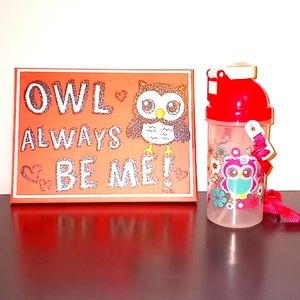 Owl Canvas Wall Decor Picture and Owl Cantine Water Bottle w/Strap Bundle